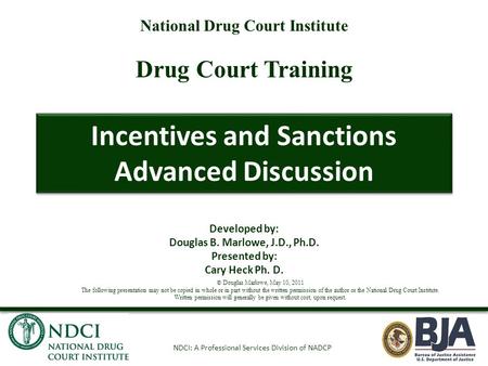 NDCI: A Professional Services Division of NADCP National Drug Court Institute Drug Court Training Incentives and Sanctions Advanced Discussion Developed.