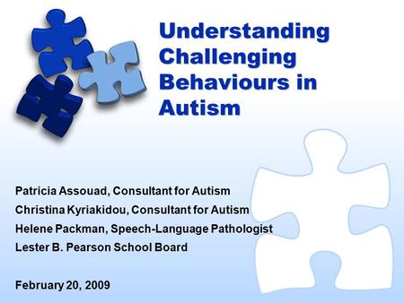 Understanding Challenging Behaviours in Autism Patricia Assouad, Consultant for Autism Christina Kyriakidou, Consultant for Autism Helene Packman, Speech-Language.