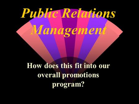 Public Relations Management How does this fit into our overall promotions program?