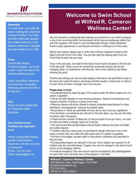 Welcome to Swim School at Wilfred R. Cameron Wellness Center! We look forward to creating the best learning environment for your child to progress in his.