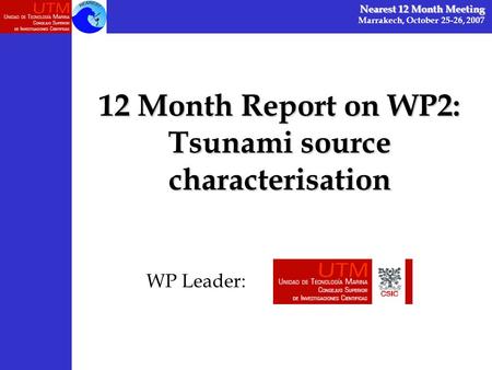 12 Month Report on WP2: Tsunami source characterisation Nearest 12 Month Meeting Marrakech, October 25-26, 2007 WP Leader: