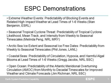 Earth System Prediction Capability ESPC ESPC Demonstrations 1 Extreme Weather Events: Predictability of Blocking Events and Related High Impact Weather.