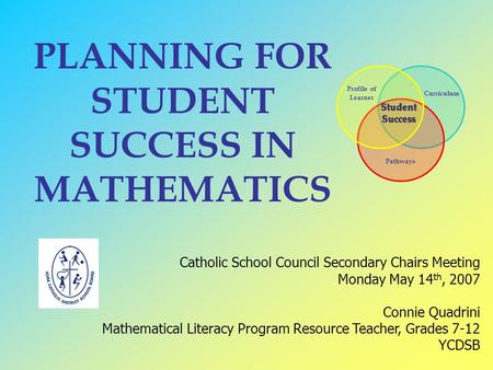 PLANNING FOR STUDENT SUCCESS IN MATHEMATICS Catholic School Council Secondary Chairs Meeting Monday May 14 th, 2007 Connie Quadrini Mathematical Literacy.