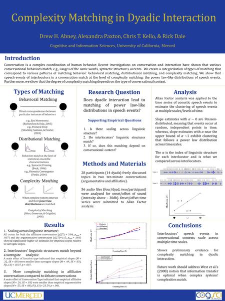 Drew H. Abney, Alexandra Paxton, Chris T. Kello, & Rick Dale Cognitive and Information Sciences, University of California, Merced Complexity Matching in.