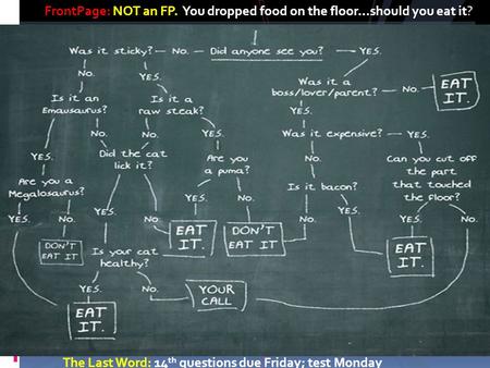 The Last Word: 14 th questions due Friday; test Monday FrontPage: NOT an FP. You dropped food on the floor…should you eat it?