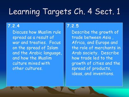 Learning Targets Ch. 4 Sect. 1 7.2.4 Discuss how Muslim rule spread as a result of war and treaties. Focus on the spread of Islam and the Arabic language,