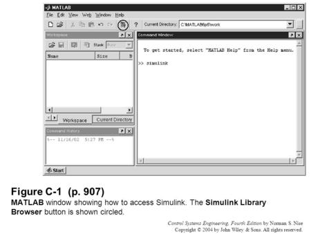 Control Systems Engineering, Fourth Edition by Norman S. Nise Copyright © 2004 by John Wiley & Sons. All rights reserved. Figure C-1 (p. 907) MATLAB window.