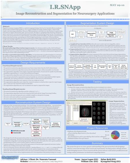 I.R.SNApp Image Reconstruction and Segmentation for Neurosurgery Applications MAY 09-10 Advisor / Client: Dr. Namrata Vaswani Team: Aaron Logan (EE) Dylan.