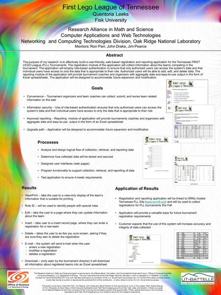 First Lego League of Tennessee Quentoria Leeks Fisk University Research Alliance in Math and Science Computer Applications and Web Technologies Networking.