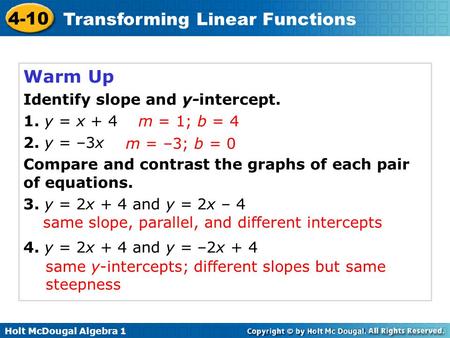 Warm Up Identify slope and y-intercept. 1. y = x y = –3x