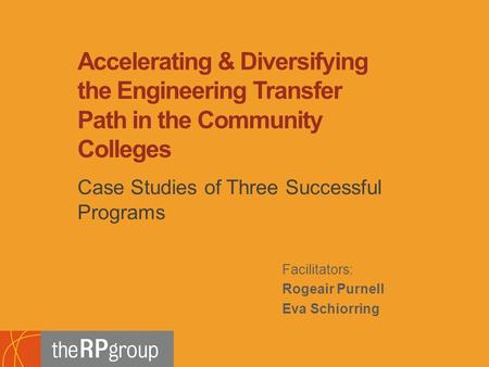 Facilitators: Rogeair Purnell Eva Schiorring Case Studies of Three Successful Programs Accelerating & Diversifying the Engineering Transfer Path in the.