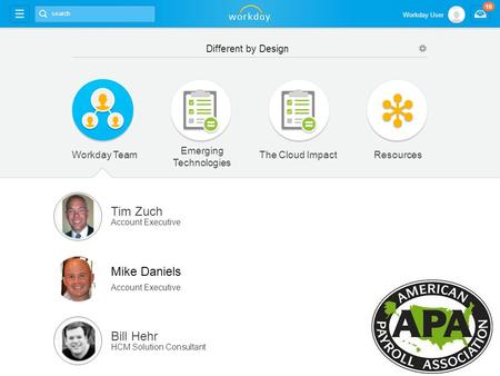 Workday TeamResources Tim Zuch Account Executive Mike Daniels Account Executive Bill Hehr HCM Solution Consultant Emerging Technologies The Cloud Impact.