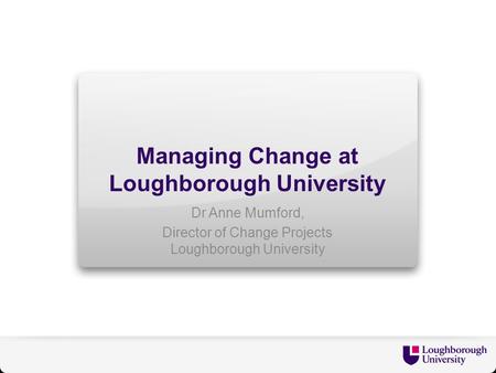 Managing Change at Loughborough University Dr Anne Mumford, Director of Change Projects Loughborough University.