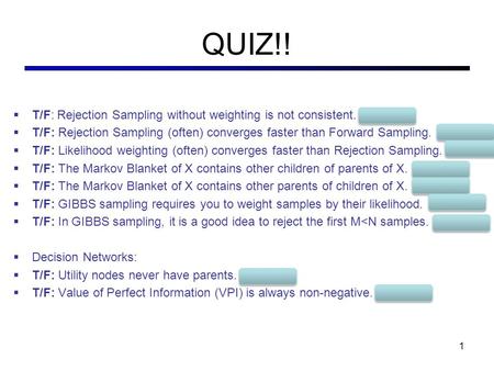 QUIZ!!  T/F: Rejection Sampling without weighting is not consistent. FALSE  T/F: Rejection Sampling (often) converges faster than Forward Sampling. FALSE.