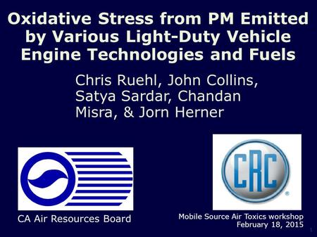 Oxidative Stress from PM Emitted by Various Light-Duty Vehicle Engine Technologies and Fuels Chris Ruehl, John Collins, Satya Sardar, Chandan Misra, &