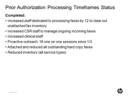 HP Restricted1 Completed: Increased staff dedicated to processing faxes by 12 to clear out unattached fax inventory Increased CSR staff to manage ongoing.