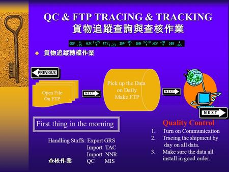 QC & FTP TRACING & TRACKING 貨物追蹤查詢與查核作業  貨物追蹤轉檔作業 Open File On FTP Pick up the Data on Daily Make FTP 1.Turn on Communication 2.Tracing the shipment by.