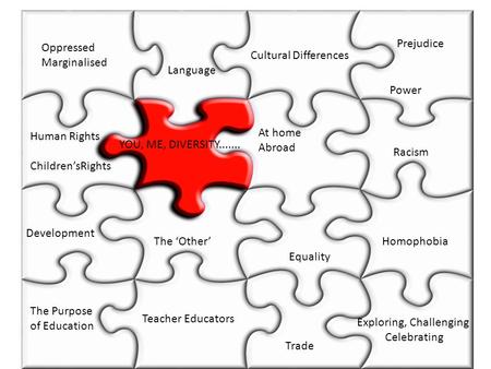 YOU, ME, DIVERSITY....... Homophobia Racism Teacher Educators Oppressed Marginalised Cultural Differences Trade The Purpose of Education At home Abroad.