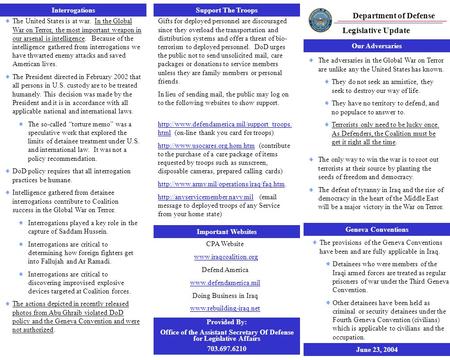 Department of Defense Legislative Update Support The Troops Important Websites Provided By: Office of the Assistant Secretary Of Defense for Legislative.