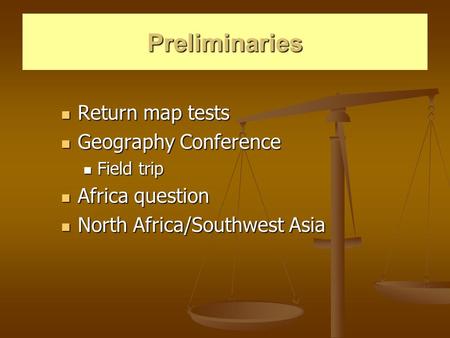 Preliminaries Return map tests Return map tests Geography Conference Geography Conference Field trip Field trip Africa question Africa question North Africa/Southwest.