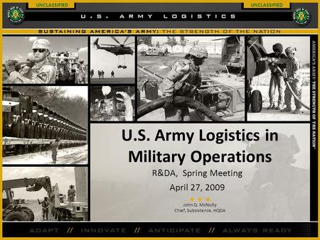 John Q. McNulty Chief, Subsistence, HQDA UNCLASSIFIED U.S. Army Logistics in Military Operations R&DA, Spring Meeting April 27, 2009.