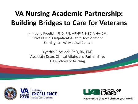 VA Nursing Academic Partnership: Building Bridges to Care for Veterans Kimberly Froelich, PhD, RN, ARNP, NE-BC, VHA-CM Chief Nurse, Outpatient & Staff.