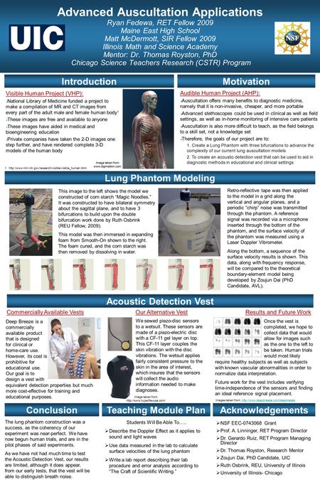 Advanced Auscultation Applications Ryan Fedewa, RET Fellow 2009 Maine East High School Matt McDermott, SIR Fellow 2009 Illinois Math and Science Academy.