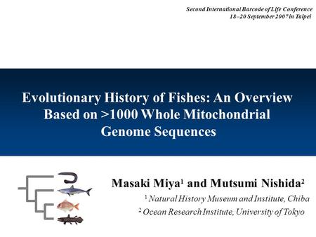 Masaki Miya 1 and Mutsumi Nishida 2 1 Natural History Museum and Institute, Chiba Evolutionary History of Fishes: An Overview Based on >1000 Whole Mitochondrial.