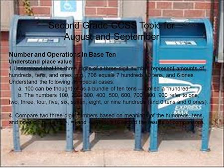 Second Grade CCSS Topic for August and September Number and Operations in Base Ten Understand place value 1.Understand that the three digits of a three-digit.