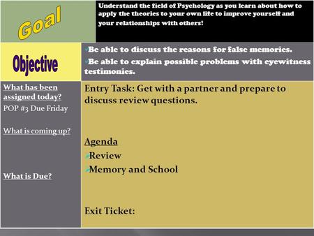 Understand the field of Psychology as you learn about how to apply the theories to your own life to improve yourself and your relationships with others!