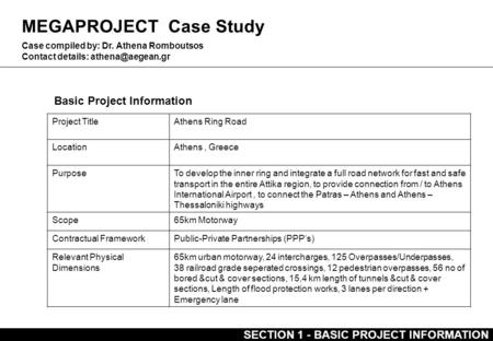 MEGAPROJECT Case Study Basic Project Information Case compiled by: Dr. Athena Romboutsos Contact details: Project TitleAthens Ring Road.