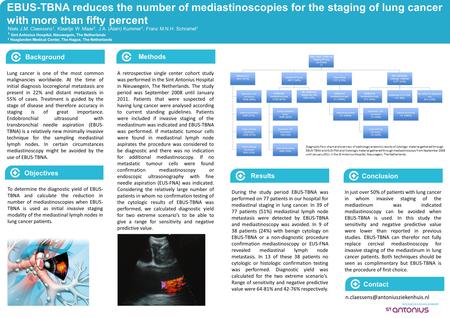 EBUS-TBNA reduces the number of mediastinoscopies for the staging of lung cancer with more than fifty percent Background Methods Results Conclusion Niels.