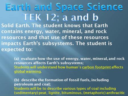 Solid Earth. The student knows that Earth contains energy, water, mineral, and rock resources and that use of these resources impacts Earth's subsystems.