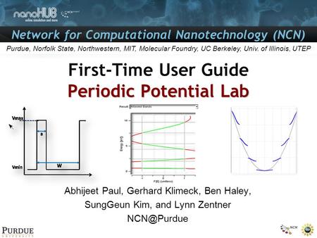 Network for Computational Nanotechnology (NCN) Purdue, Norfolk State, Northwestern, MIT, Molecular Foundry, UC Berkeley, Univ. of Illinois, UTEP Periodic.