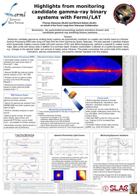 Highlights from monitoring candidate gamma-ray binary systems with Fermi/LAT Thomas Glanzman (SLAC) and Richard Dubois (SLAC) on behalf of the Fermi Large.