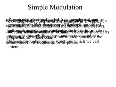 Simple Modulation A sinusoidal electrical signal (voltage/current) can be generated at a high frequency. The fields associated with such a signal can practically.