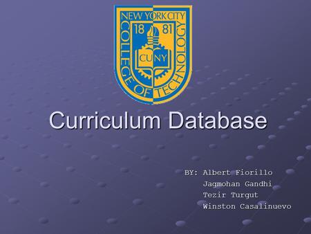 Curriculum Database BY: Albert Fiorillo Jagmohan Gandhi Jagmohan Gandhi Tezir Turgut Tezir Turgut Winston Casalinuevo Winston Casalinuevo.