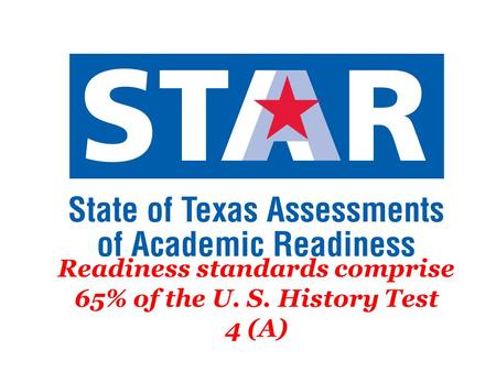 Readiness standards comprise 65% of the U. S. History Test 4 (A)