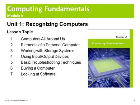 Computing Fundamentals Module A © CCI Learning Solutions Inc. 1 Unit 1: Recognizing Computers Lesson Topic 1Computers All Around Us 2Elements of a Personal.