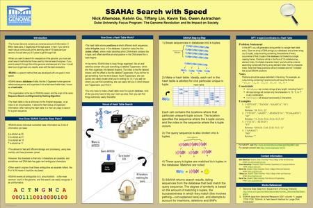 TEMPLATE DESIGN © 2007 www.PosterPresentations.com SSAHA: Search with Speed Nick Altemose, Kelvin Gu, Tiffany Lin, Kevin Tao, Owen Astrachan Duke University.