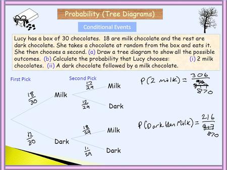 Lucy has a box of 30 chocolates. 18 are milk chocolate and the rest are dark chocolate. She takes a chocolate at random from the box and eats it. She then.