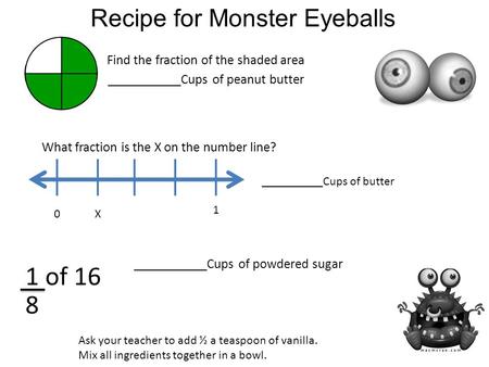 What fraction is the X on the number line? Find the fraction of the shaded area ___________Cups of peanut butter 0 1 X __________Cups of butter ___________Cups.