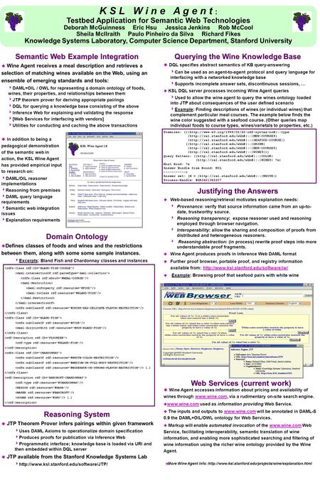 K S L W i n e A g e n t : Testbed Application for Semantic Web Technologies Deborah McGuinness Eric Hsu Jessica Jenkins Rob McCool Sheila McIlraith Paulo.