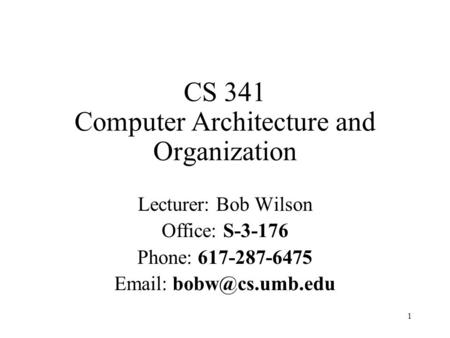 1 CS 341 Computer Architecture and Organization Lecturer: Bob Wilson Office: S-3-176 Phone: 617-287-6475