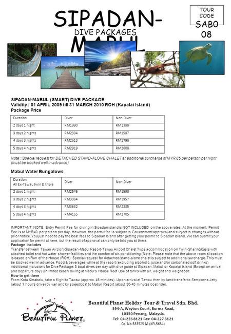 SIPADAN-MABUL SAB008 DIVE PACKAGES TOUR CODE