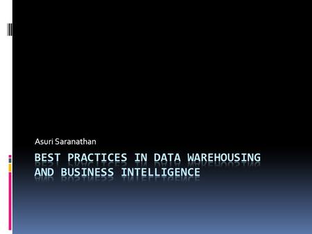 Asuri Saranathan. Agenda  Introduction  Best Practices – Over View  Deep Dive  Conclusion  Q & A.