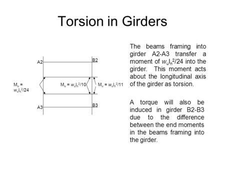 Torsion in Girders A2 A3 M u = w u l n 2 /24 M u = w u l n 2 /10M u = w u l n 2 /11 B2 B3 The beams framing into girder A2-A3 transfer a moment of w u.