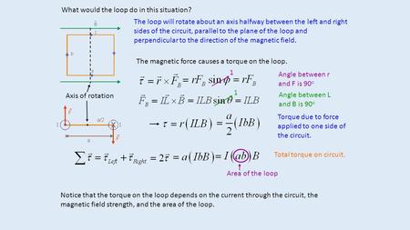 What would the loop do in this situation? The loop will rotate about an axis halfway between the left and right sides of the circuit, parallel to the plane.