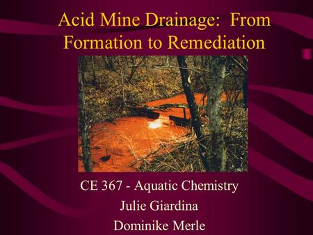 Acid Mine Drainage: From Formation to Remediation CE 367 - Aquatic Chemistry Julie Giardina Dominike Merle.