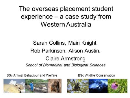 The overseas placement student experience – a case study from Western Australia Sarah Collins, Mairi Knight, Rob Parkinson, Alison Austin, Claire Armstrong.